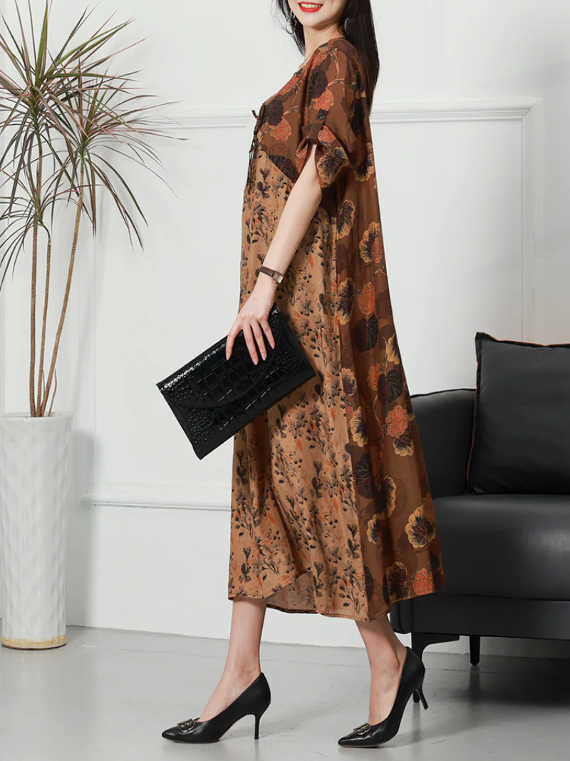 Casual Printed Flower Short Sleeved Loose Waist Midi Dress - Image 3
