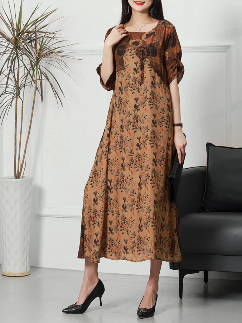 Casual Printed Flower Short Sleeved Loose Waist Midi Dress - Image 5