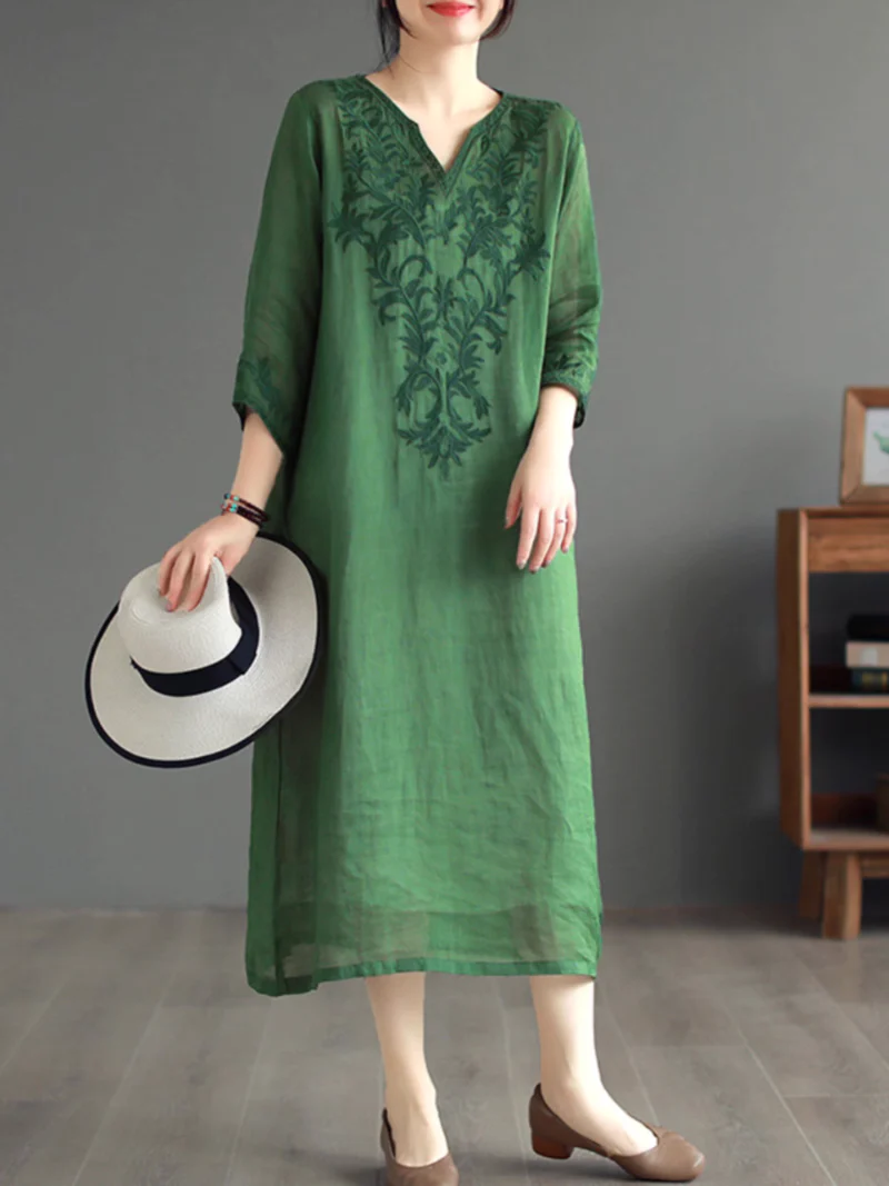Embroidered Over-the-knee long Midi Dress - Image 2