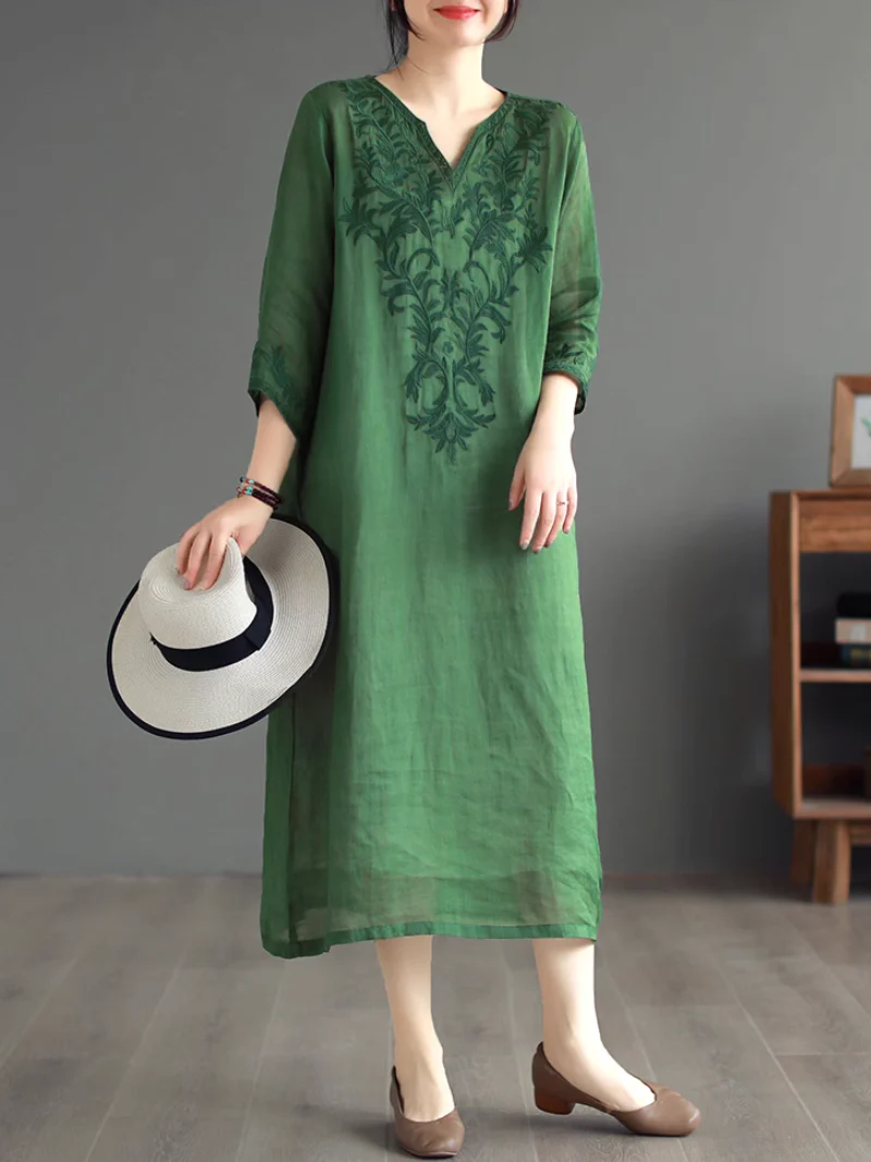 Embroidered Over-the-knee long Midi Dress - Image 3