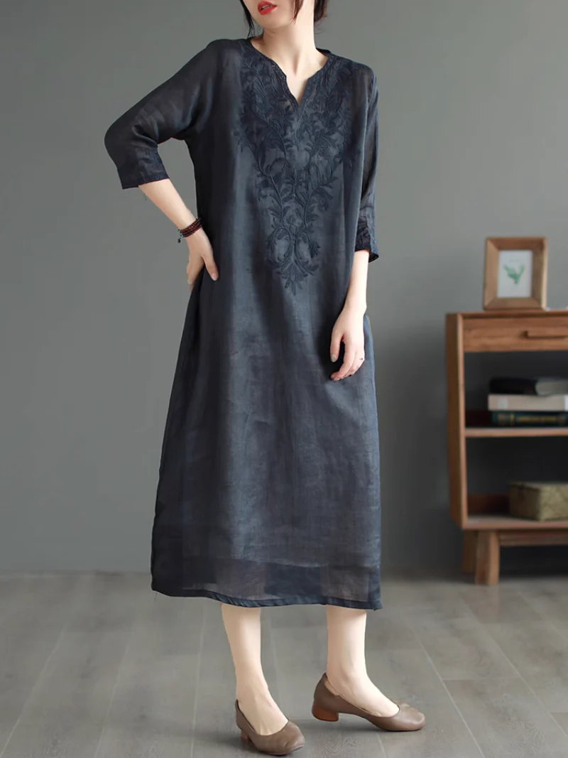 Embroidered Over-the-knee long Midi Dress - Image 4