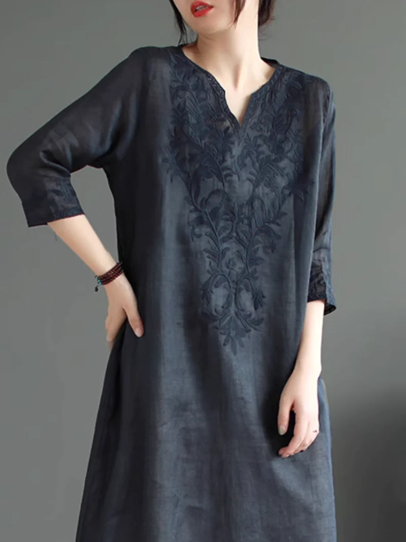 Embroidered Over-the-knee long Midi Dress - Image 5