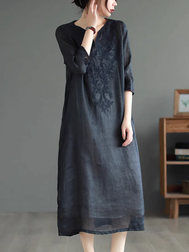 Embroidered Over-the-knee long Midi Dress - Image 7