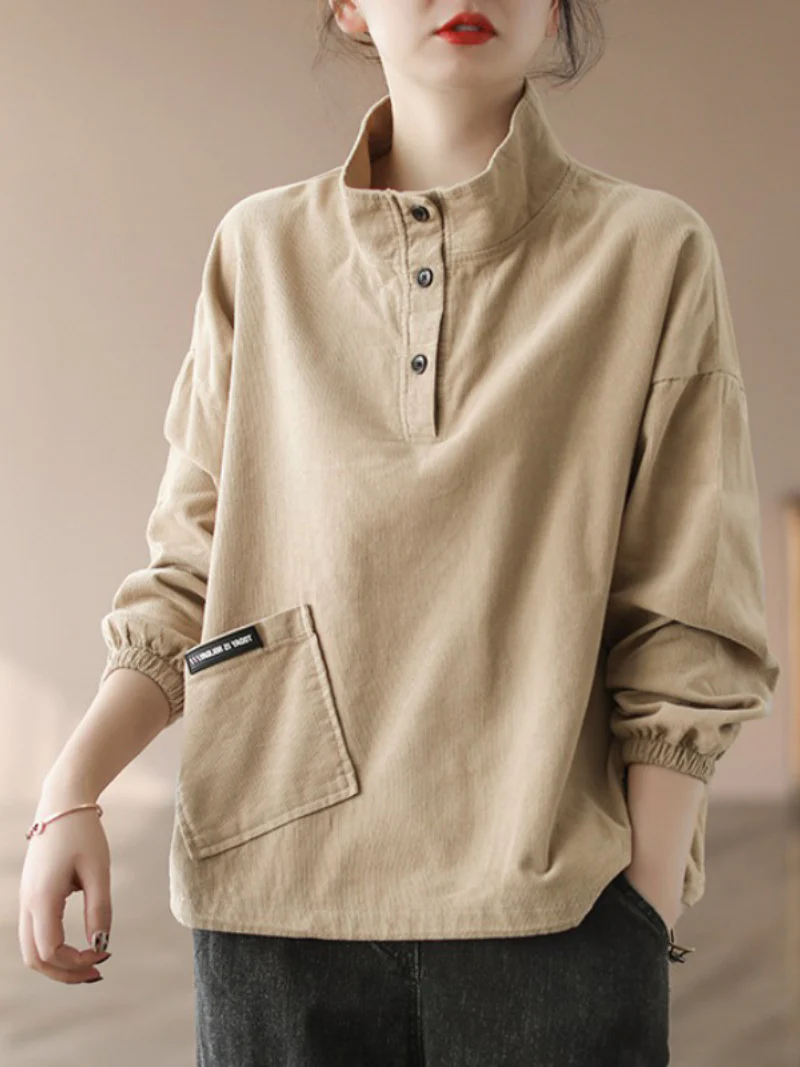 Fashionable Sweater Jacket Loose High Collar Long Sleeve Button Top - Image 4