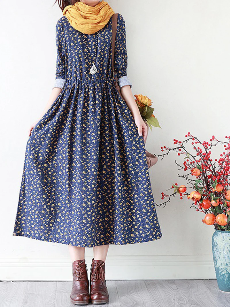 Fashionable Floral Cotton Dress Loose Casual Pluz Size long-sleeved A-Line dress - Image 2