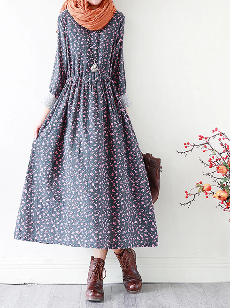 Fashionable Floral Cotton Dress Loose Casual Pluz Size long-sleeved A-Line dress - Image 3
