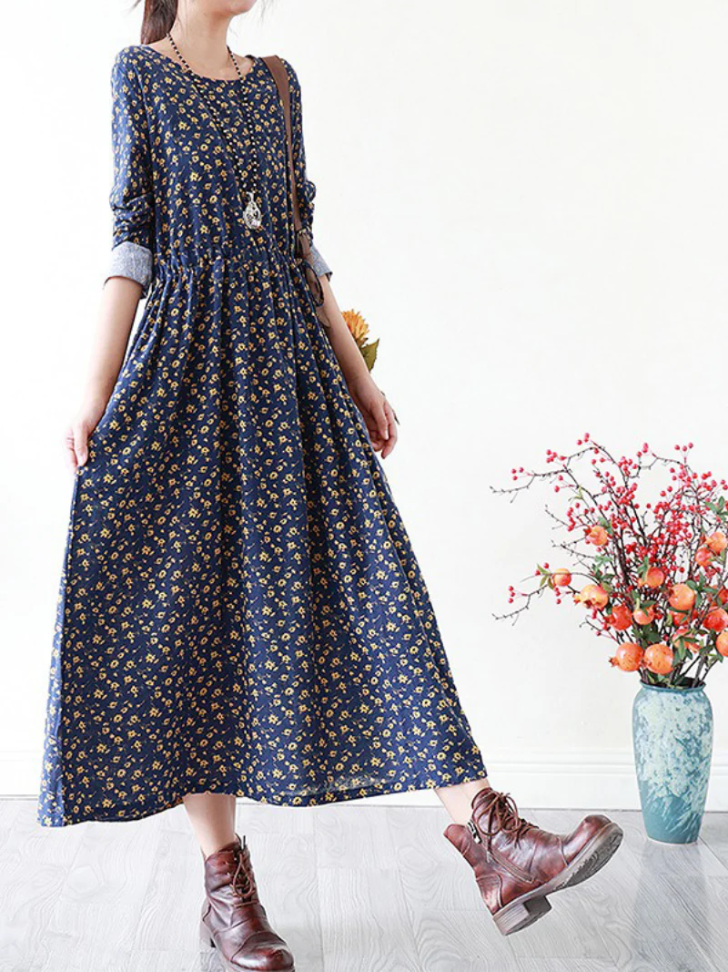 Fashionable Floral Cotton Dress Loose Casual Pluz Size long-sleeved A-Line dress - Image 4