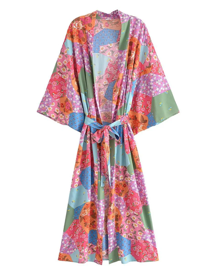 fashionable printing long belt stylish kimono cardigan jacket dress - Image 2