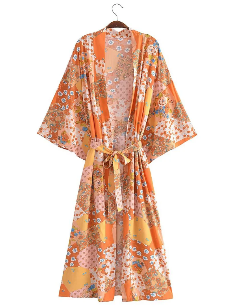 fashionable printing long belt stylish kimono cardigan jacket dress - Image 3