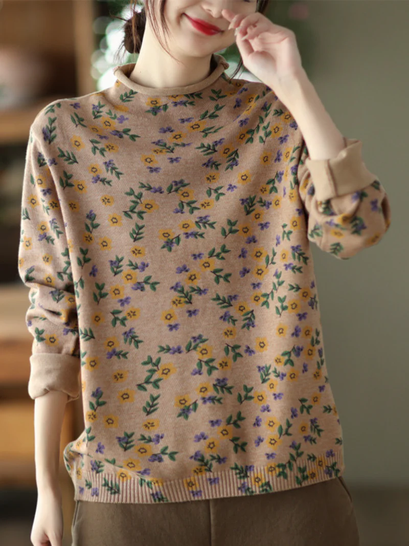 Flower Printing Knitted top Female Pullover Loose Sweater Dress - Image 2