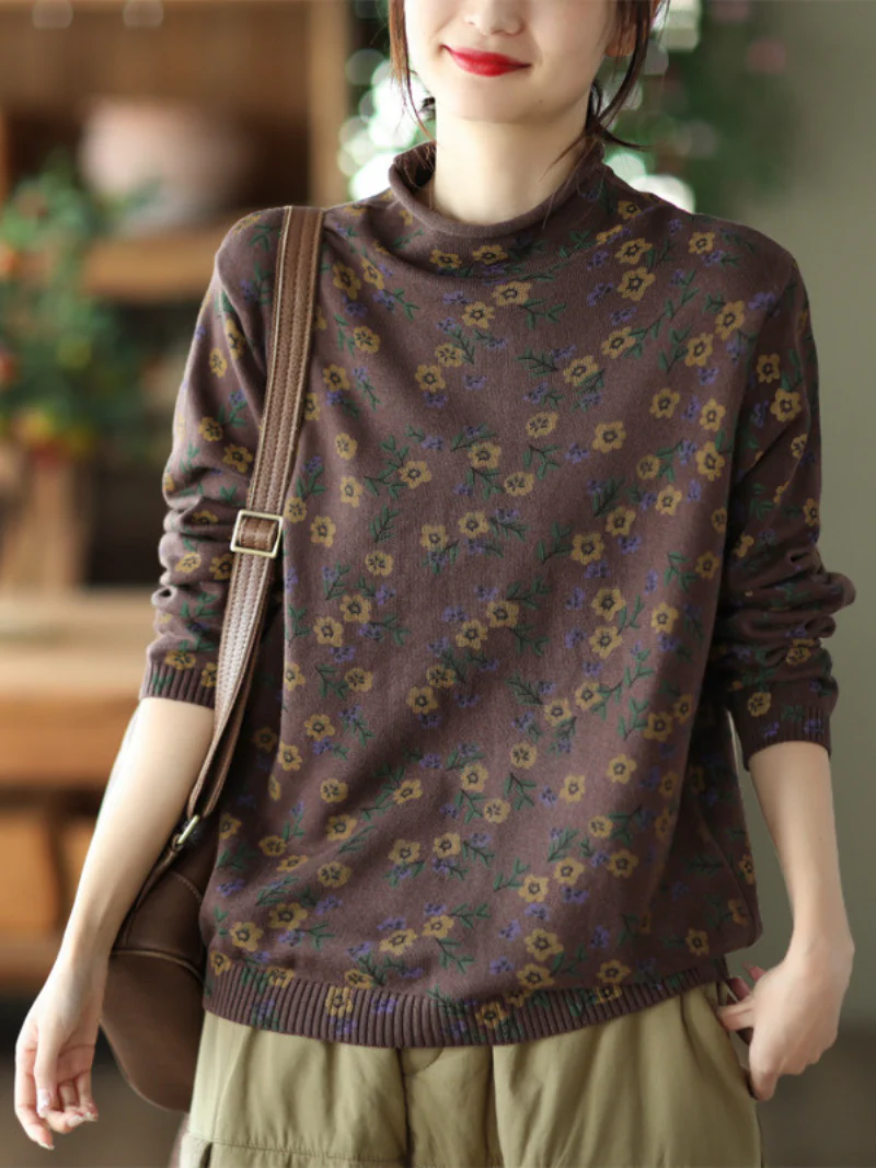 Flower Printing Knitted top Female Pullover Loose Sweater Dress - Image 3