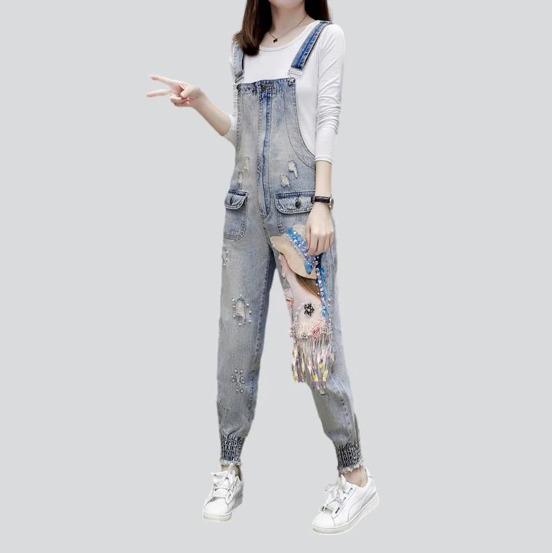 Women's head embroidery denim jumpsuit - Image 3