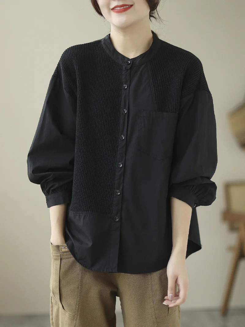 Knitted Loose Literary Retro Cotton Color Matching Shirt - Image 2