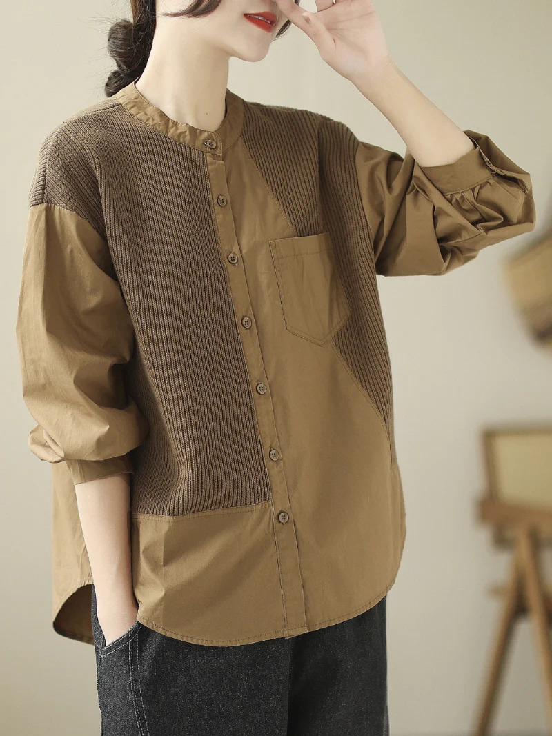 Knitted Loose Literary Retro Cotton Color Matching Shirt - Image 3