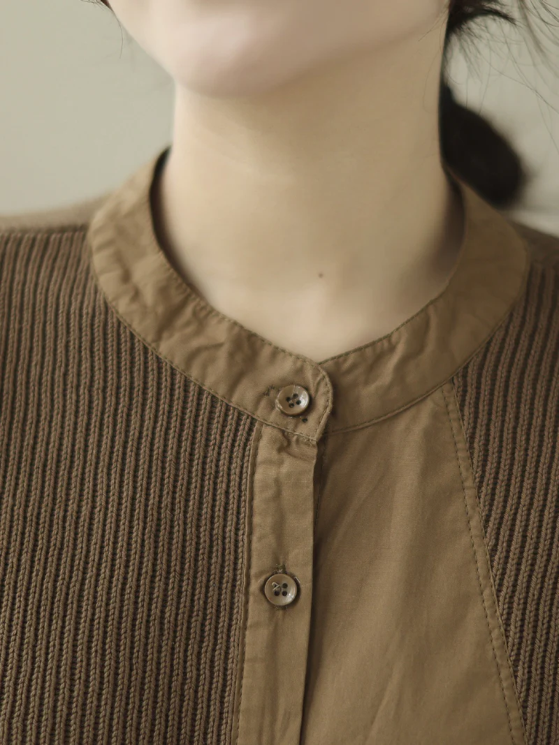 Knitted Loose Literary Retro Cotton Color Matching Shirt - Image 4