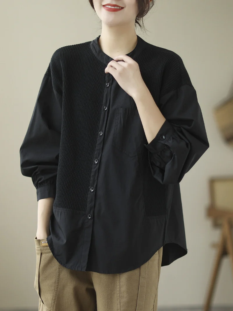 Knitted Loose Literary Retro Cotton Color Matching Shirt - Image 5