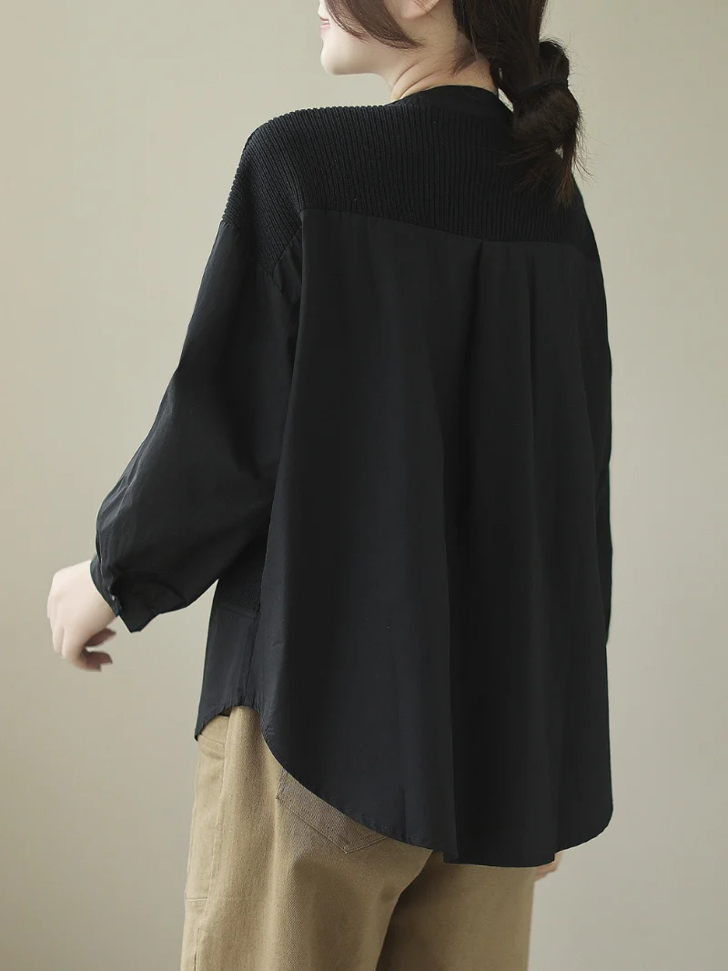 Knitted Loose Literary Retro Cotton Color Matching Shirt - Image 7