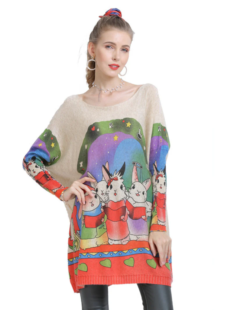 Large Size midi length Sweater Neck Rabbit Print Knit Sweater Tops - Image 2