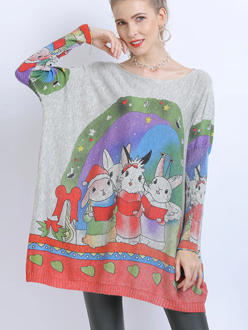 Large Size midi length Sweater Neck Rabbit Print Knit Sweater Tops - Image 3