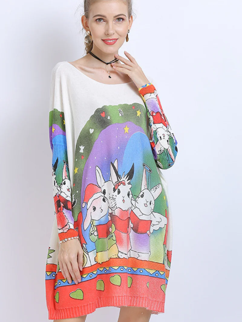 Large Size midi length Sweater Neck Rabbit Print Knit Sweater Tops - Image 4