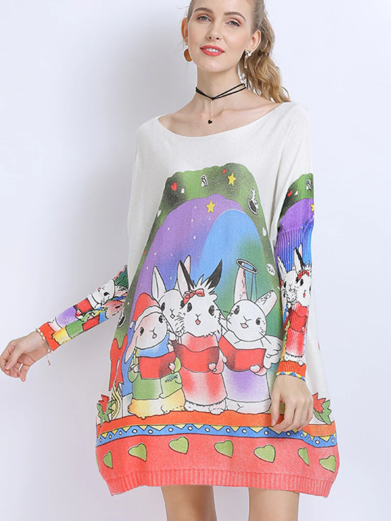 Large Size midi length Sweater Neck Rabbit Print Knit Sweater Tops - Image 5