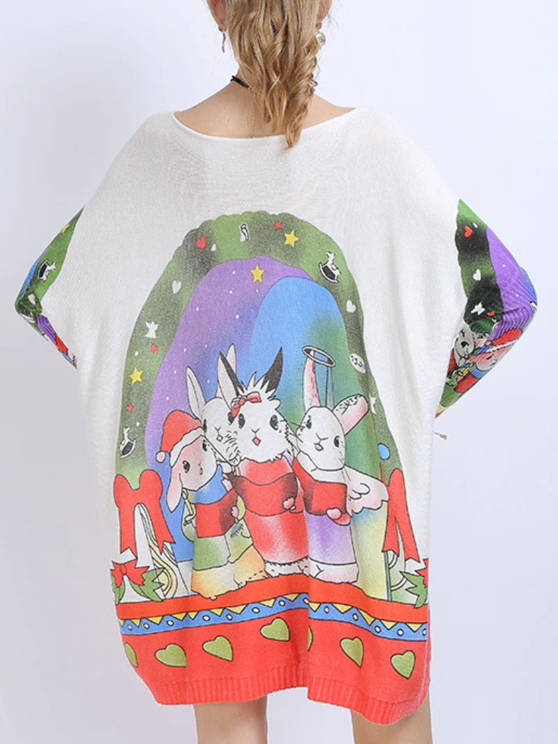 Large Size midi length Sweater Neck Rabbit Print Knit Sweater Tops - Image 6