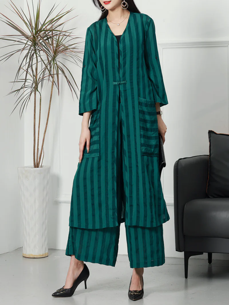 Summer Large-Size Striped  Cardigan Two-Piece Co-Ords Set - Image 2