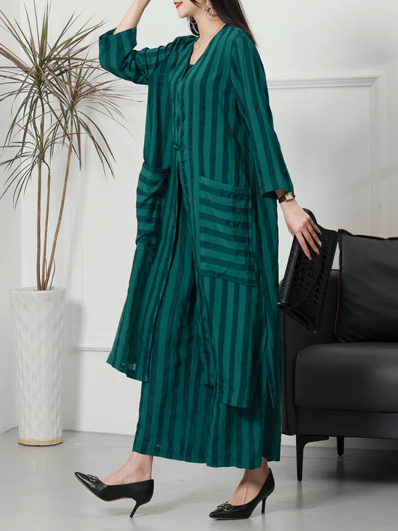 Summer Large-Size Striped  Cardigan Two-Piece Co-Ords Set - Image 8