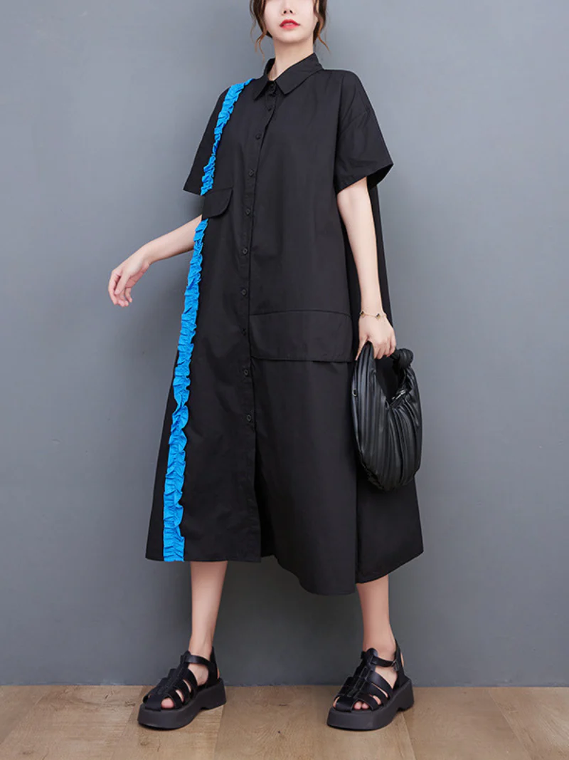 Lightweight Short Sleeve Midi Waist Dress with Pockets - Image 2