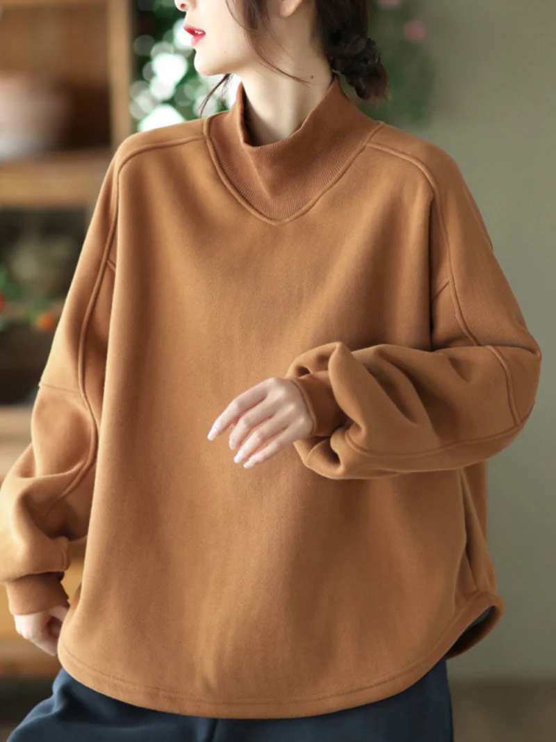 Long sleeves Pullover Plus Fleece Casual Sweater Loose Top - Image 2