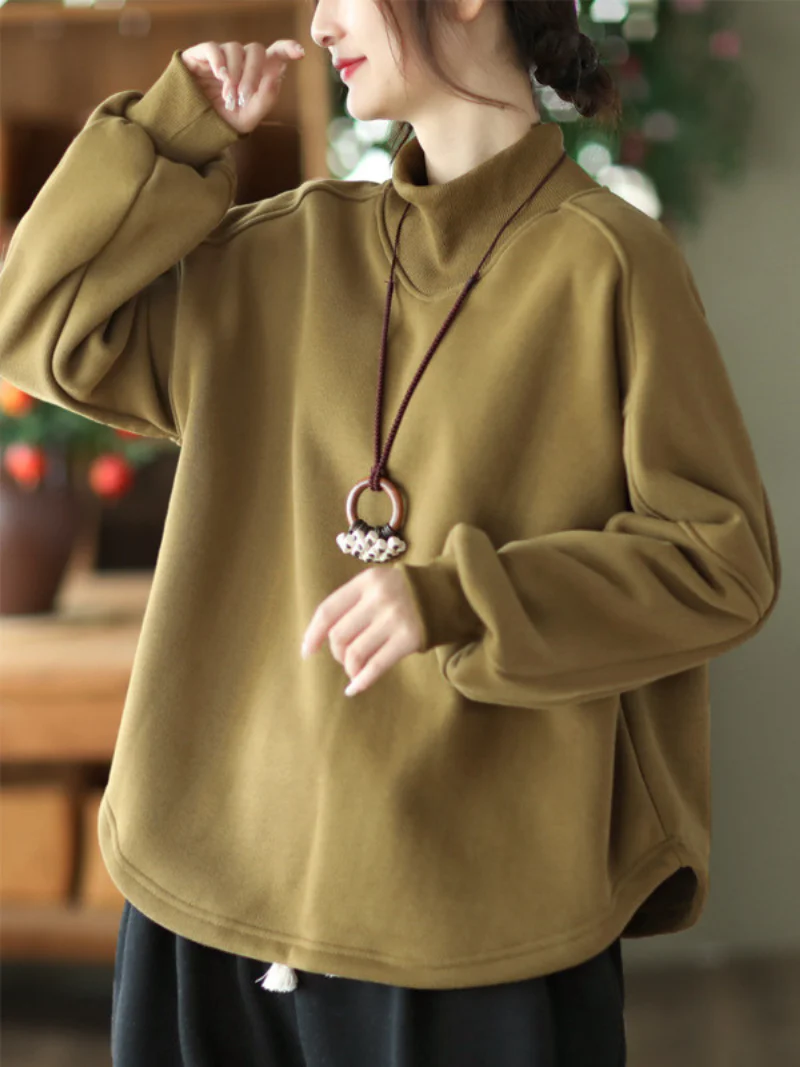 Long sleeves Pullover Plus Fleece Casual Sweater Loose Top - Image 3