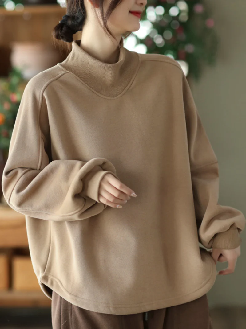 Long sleeves Pullover Plus Fleece Casual Sweater Loose Top - Image 4