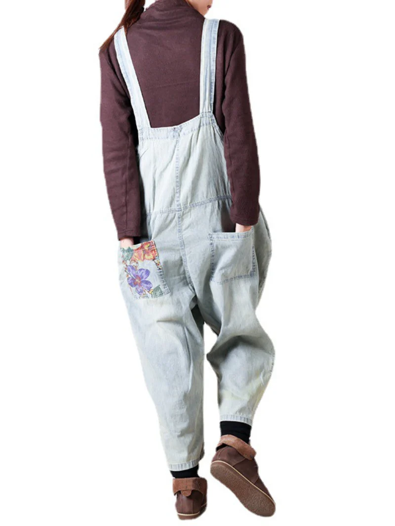 Female Loose Fitting Denim Overall Jumpsuits Wide-Leg Pocket Overalls - Image 2