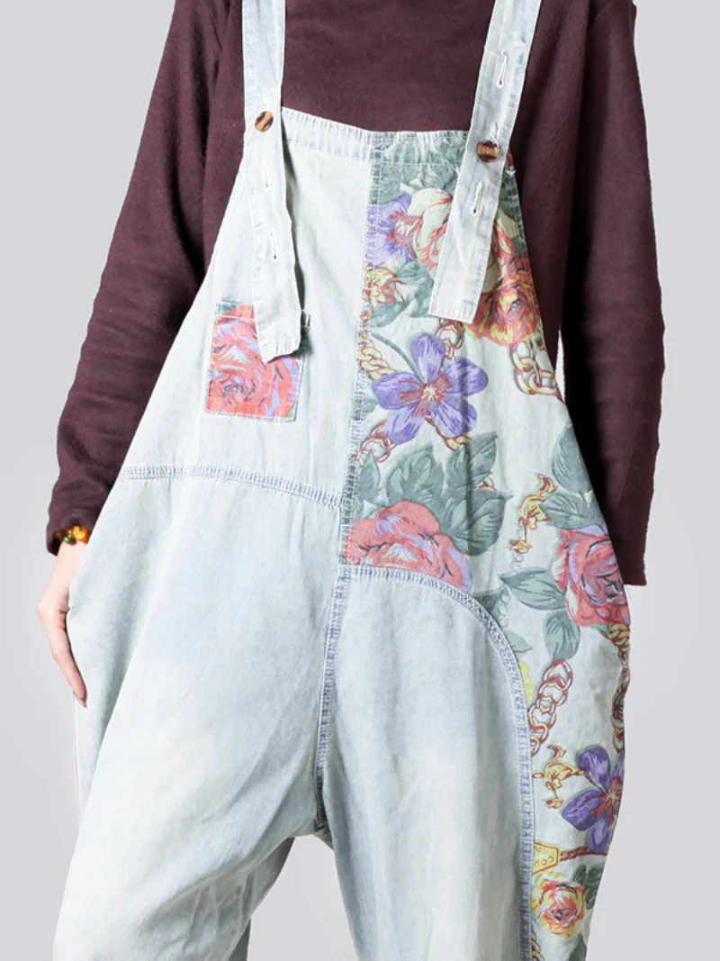 Female Loose Fitting Denim Overall Jumpsuits Wide-Leg Pocket Overalls - Image 4