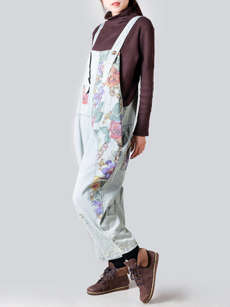Female Loose Fitting Denim Overall Jumpsuits Wide-Leg Pocket Overalls - Image 5