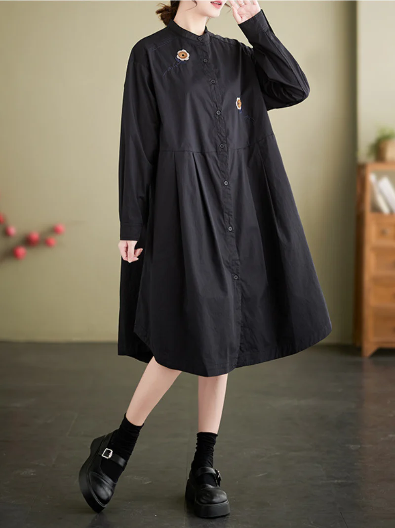 Fashionable Embroided Loose Stand-Up Collar Shirt Dress - Image 2