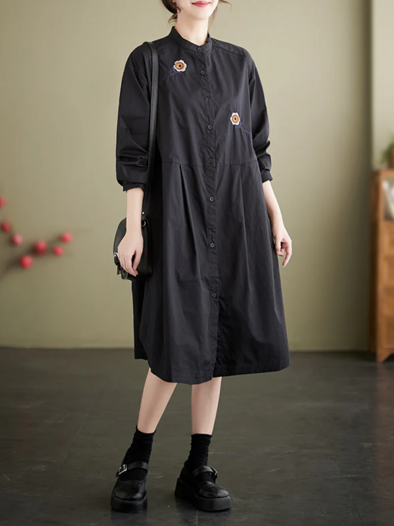 Fashionable Embroided Loose Stand-Up Collar Shirt Dress - Image 5