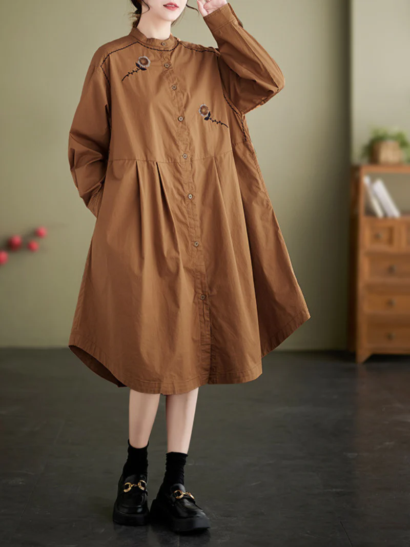 Fashionable Embroided Loose Stand-Up Collar Shirt Dress - Image 8