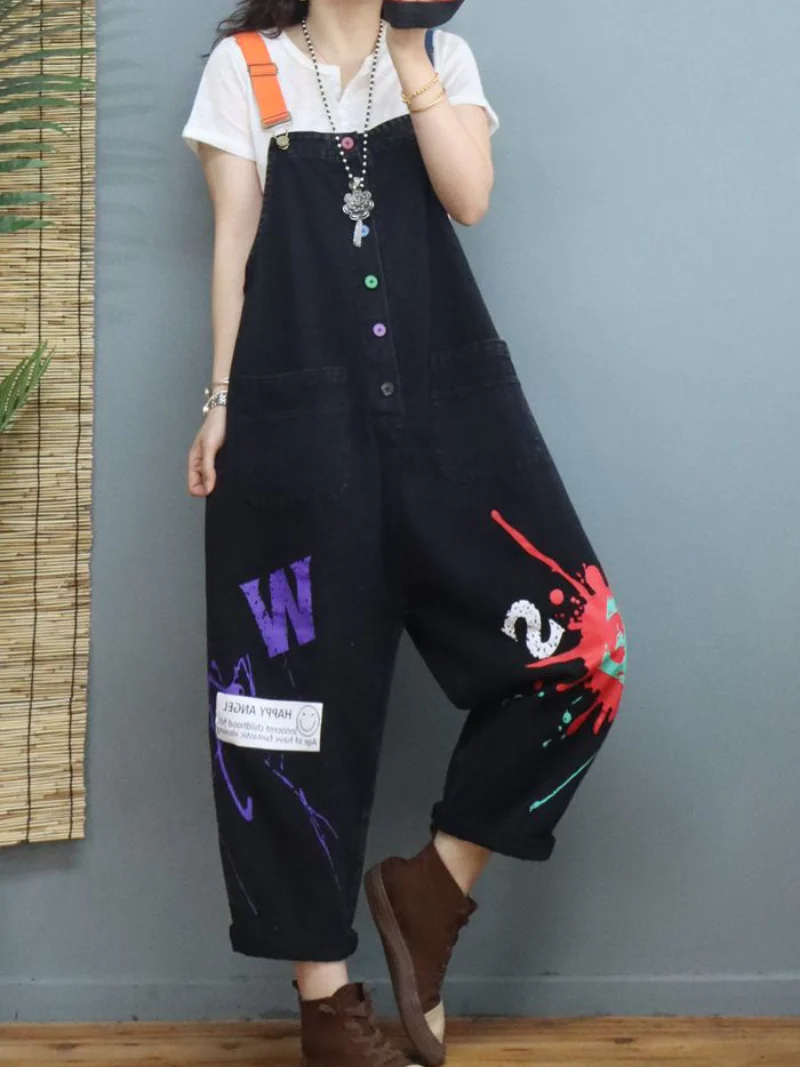 New Stylish Print Denim Loose High Waist Dungarees Overalls - Image 2