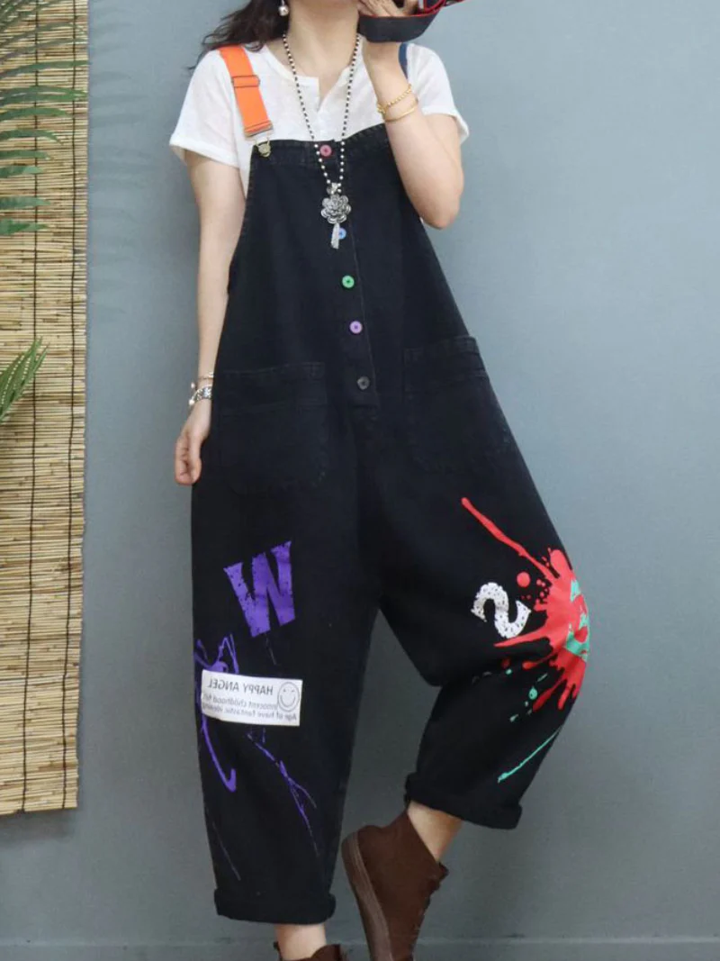 New Stylish Print Denim Loose High Waist Dungarees Overalls - Image 7