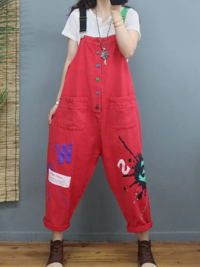 New Stylish Print Denim Loose High Waist Dungarees Overalls - Image 8