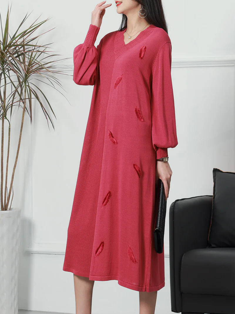 Pride Prejudice Puff Sleeves V-neck knitted Midi-Dress - Image 2