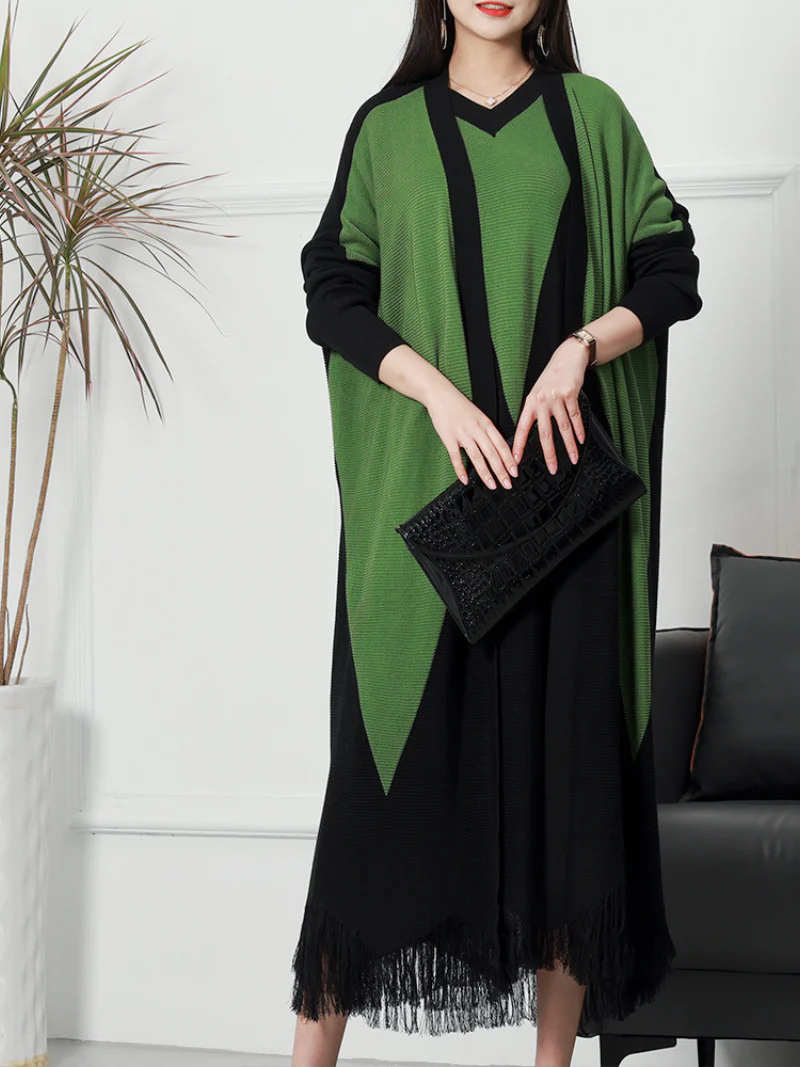 Pure Polyester V-neck Knitted Cardigan Long Sleeves Midi-Dress - Image 2