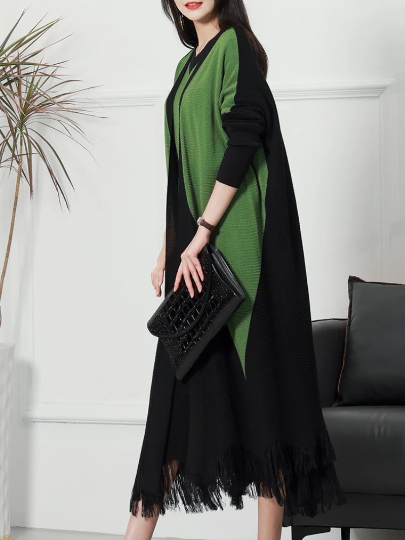 Pure Polyester V-neck Knitted Cardigan Long Sleeves Midi-Dress - Image 3
