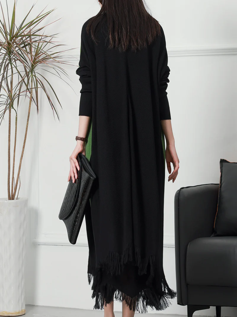 Pure Polyester V-neck Knitted Cardigan Long Sleeves Midi-Dress - Image 5
