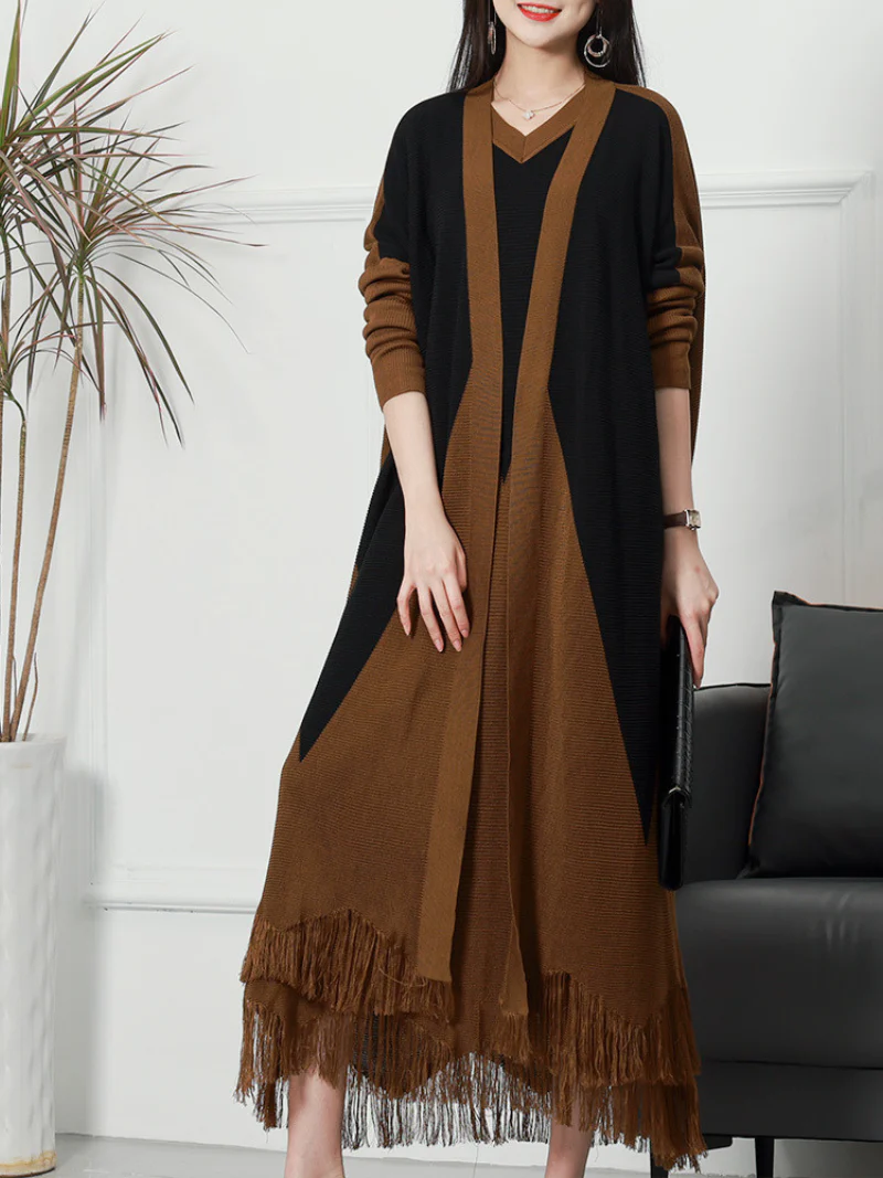 Pure Polyester V-neck Knitted Cardigan Long Sleeves Midi-Dress - Image 6
