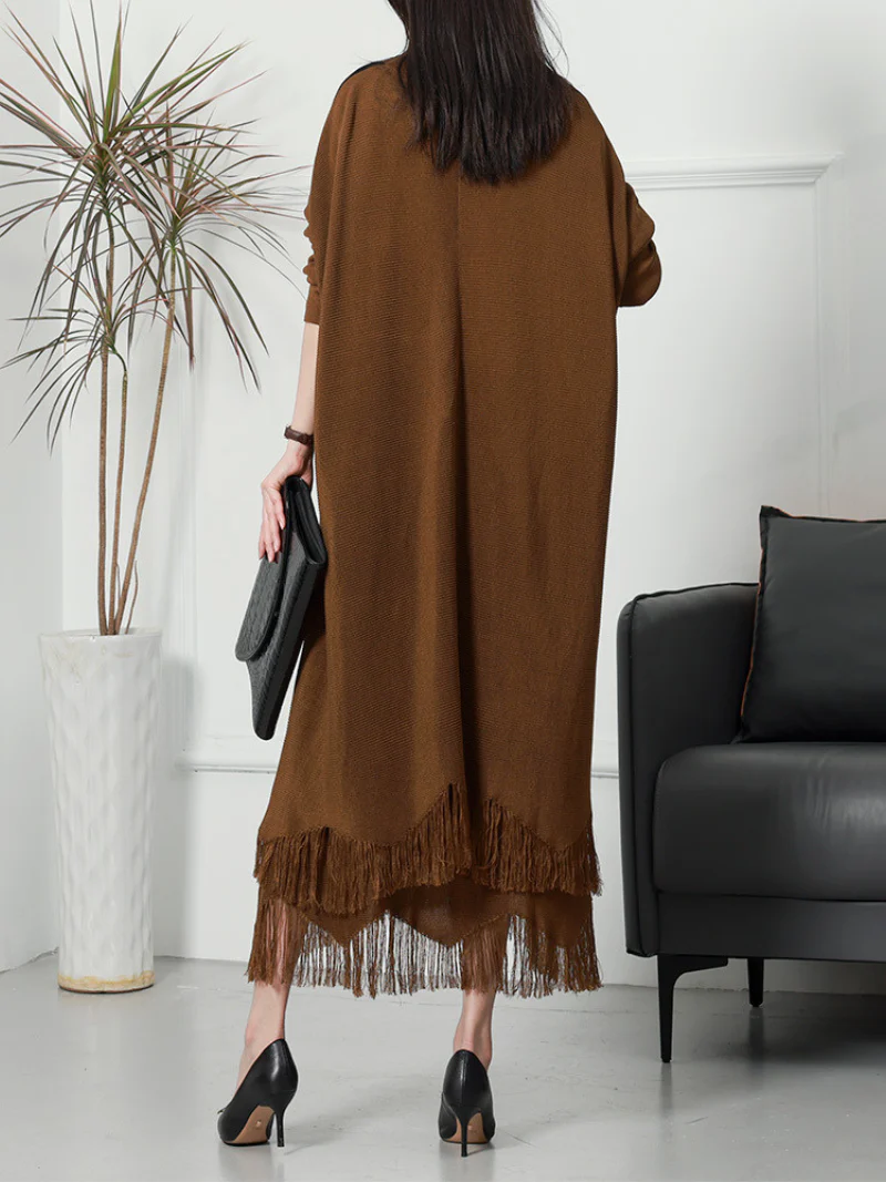 Pure Polyester V-neck Knitted Cardigan Long Sleeves Midi-Dress - Image 8