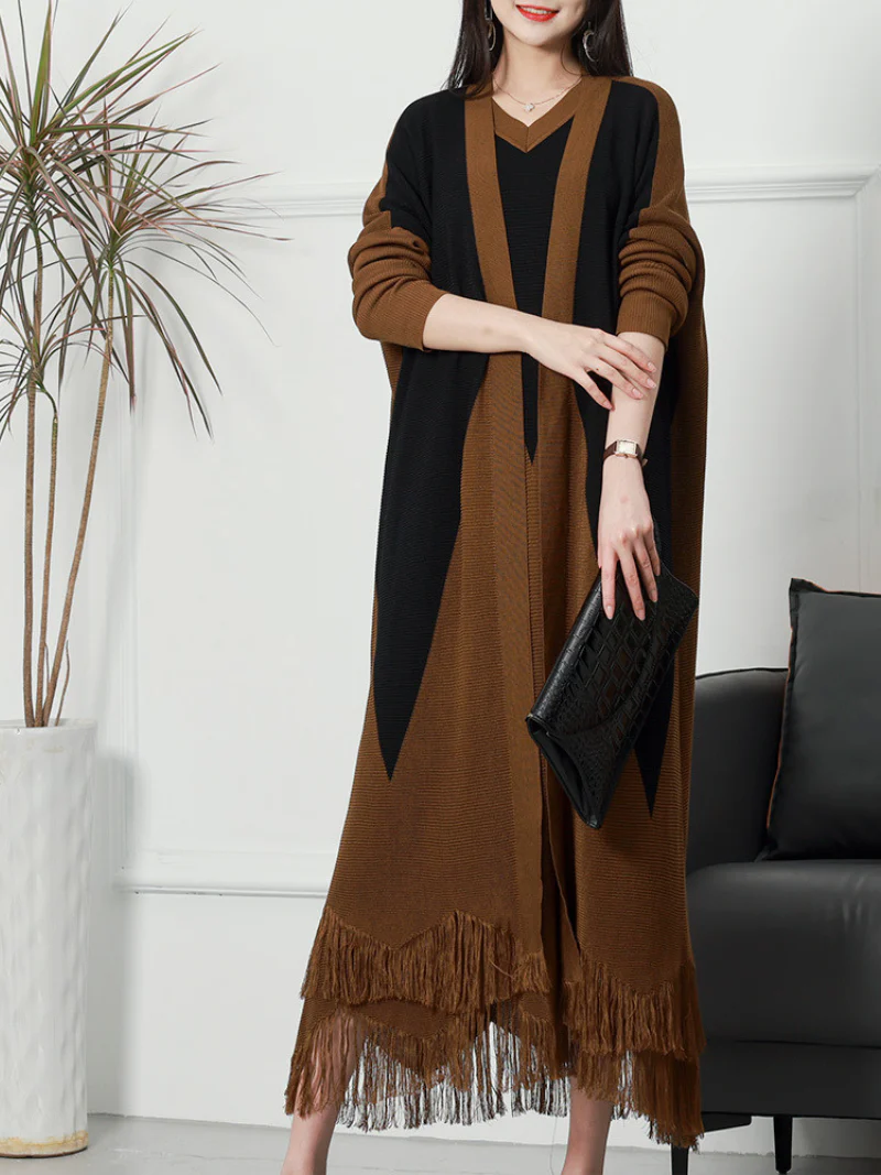 Pure Polyester V-neck Knitted Cardigan Long Sleeves Midi-Dress - Image 9