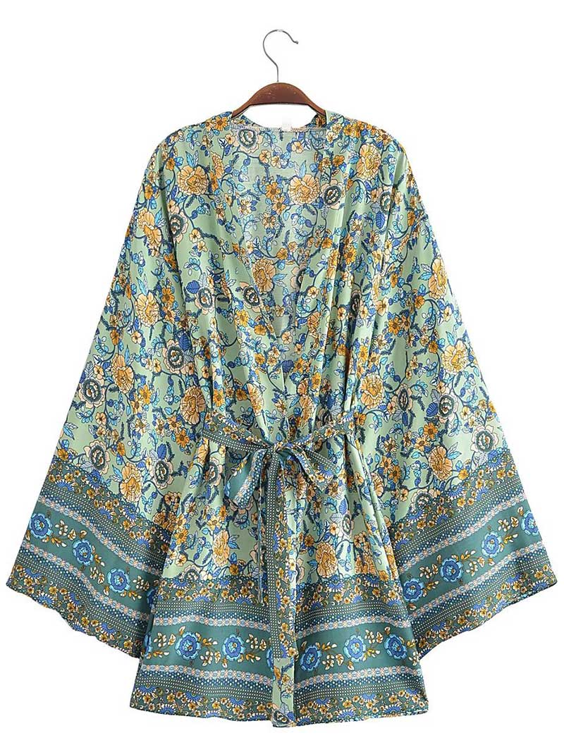 Short Floral Print Purple, Green, & Beige Cotton Short Length Gown Kimono Duster Robe - Image 2