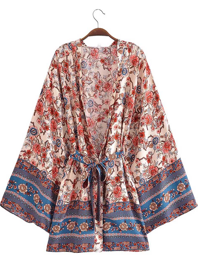 Short Floral Print Purple, Green, & Beige Cotton Short Length Gown Kimono Duster Robe - Image 3